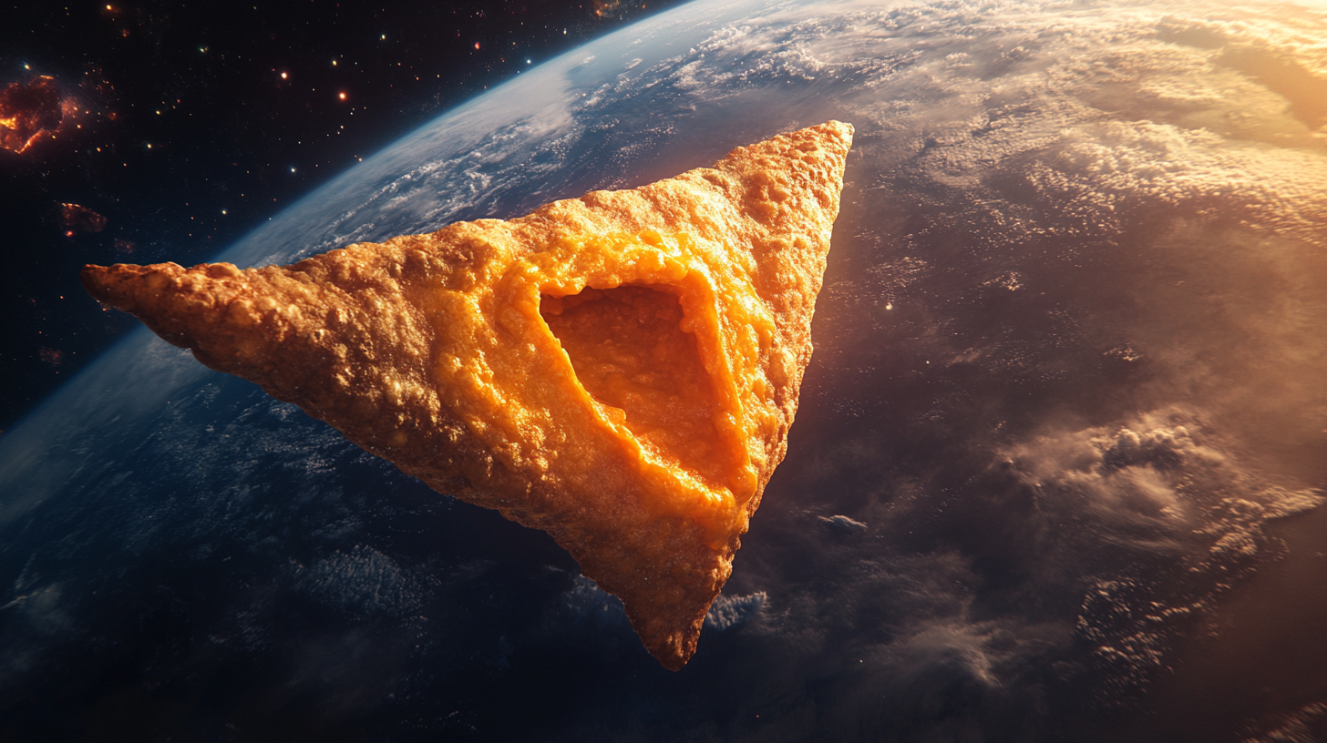 Cheesy orange crisp soaring through space - Cinematic 4K