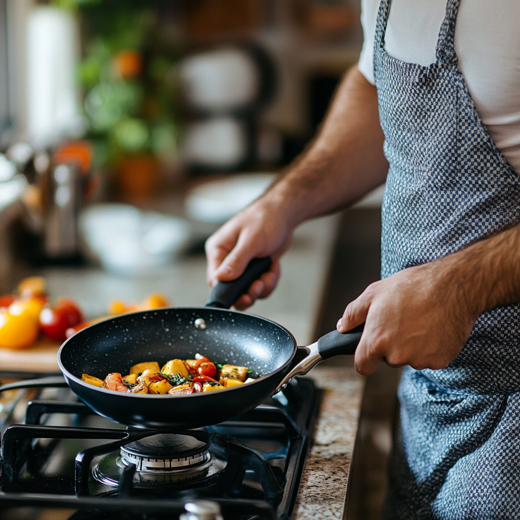 Chef cooking on stove, preparing food in kitchen.