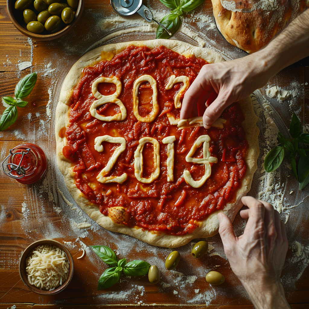 Chef prepares 2014 themed pizza with fresh ingredients.