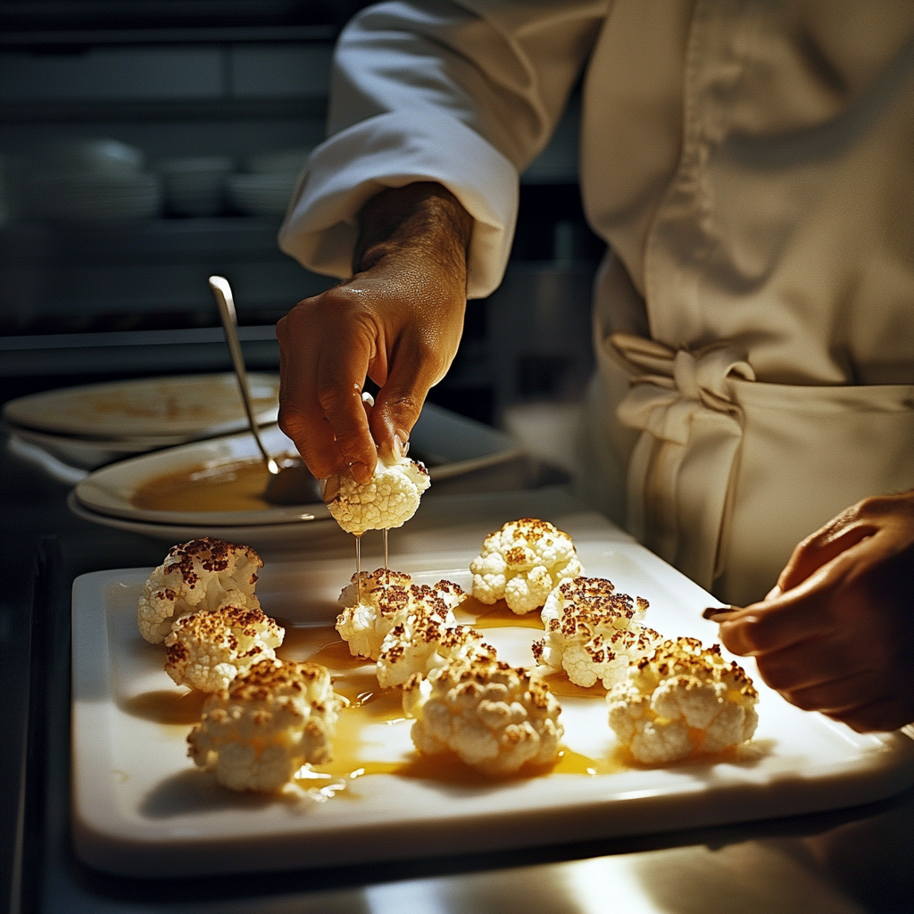 Chef presents delicate tapa: roasted cauliflower with honey.