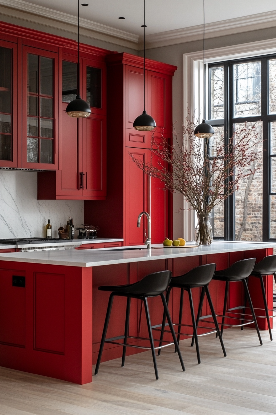 Cherry red kitchen with modern and inviting design.