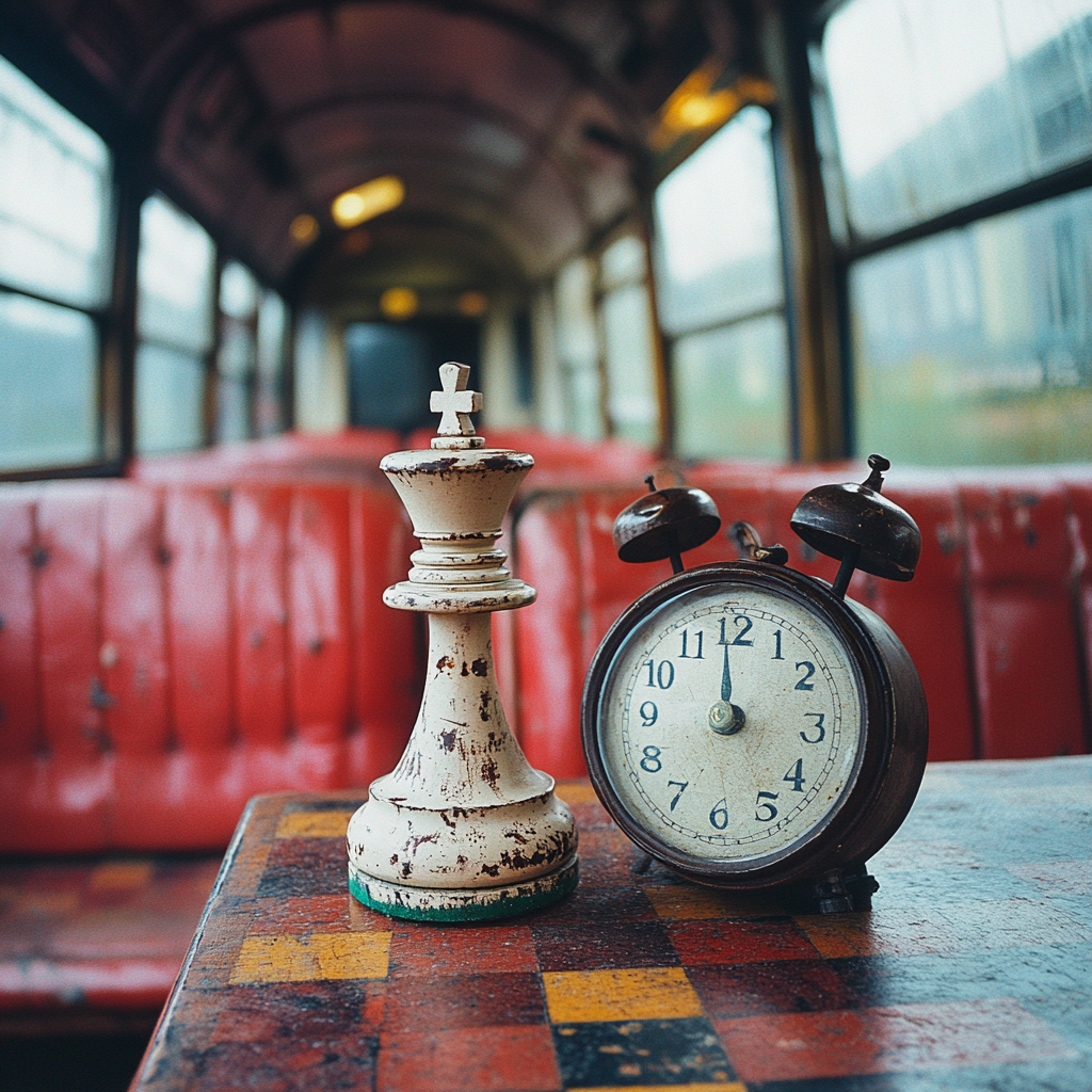 Chess clock on table in Irish train carriage.