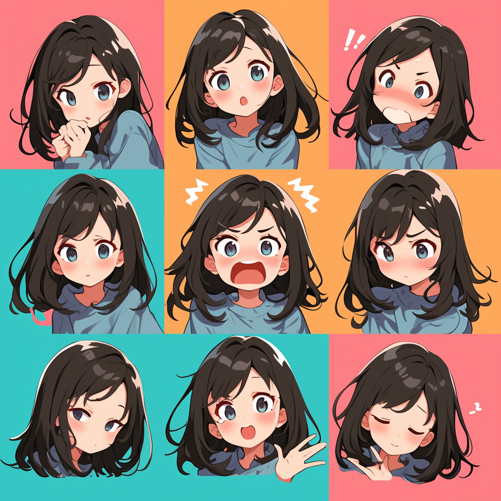 Chibi Anime Woman Shows Emotions in Various Poses