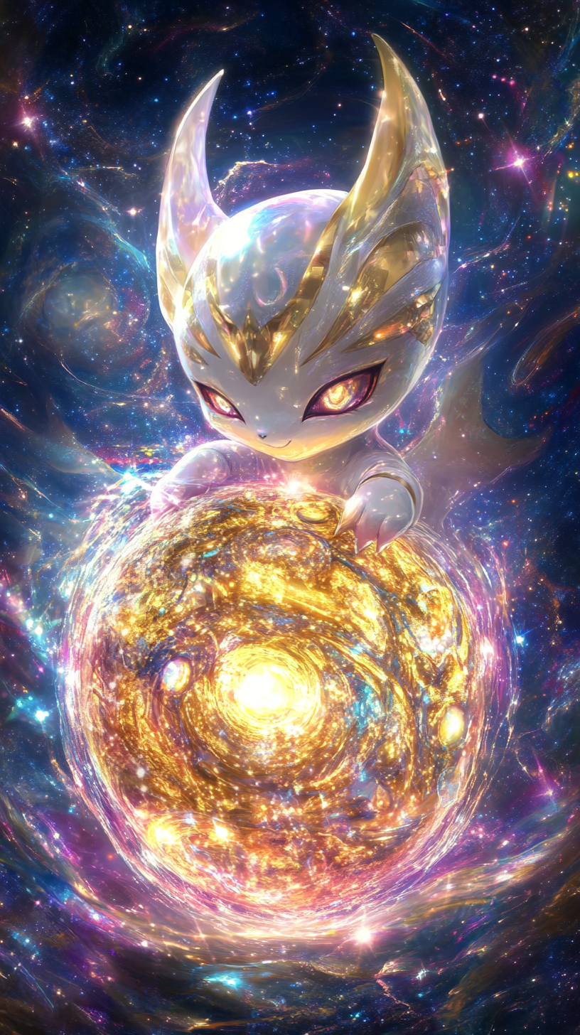 Chibi Arceus hatching from glowing celestial egg, divine light.