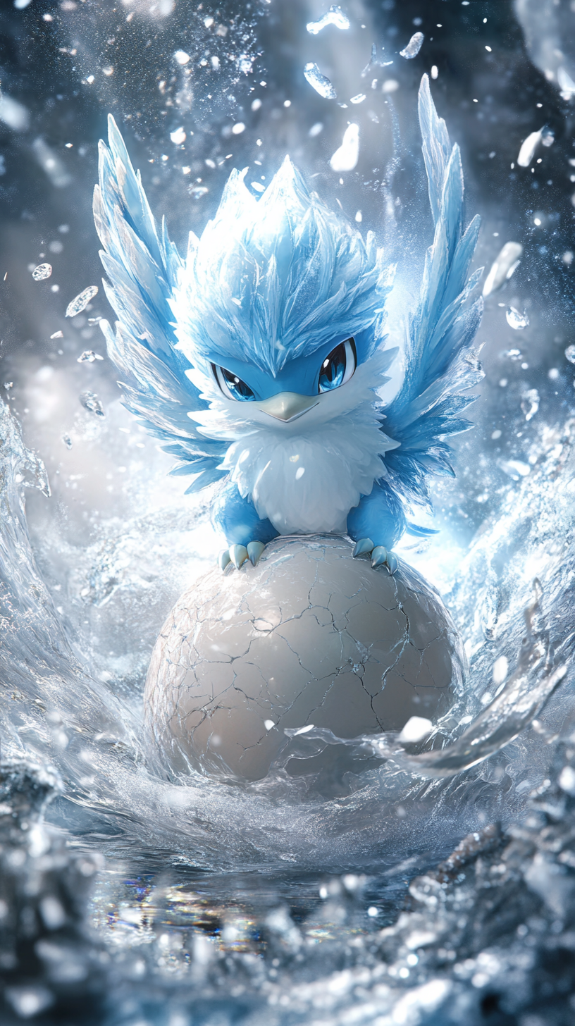 Chibi Articuno hatching from enchanted egg in blizzard.