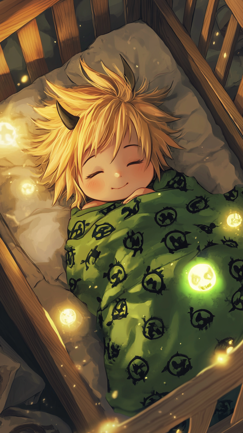 Chibi Baby Meliodas peacefully sleeping in cozy crib