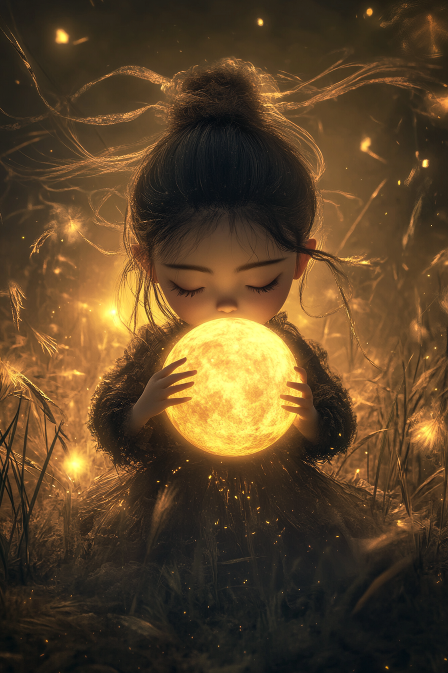 Chibi Chinese girl holds moon in idyllic setting