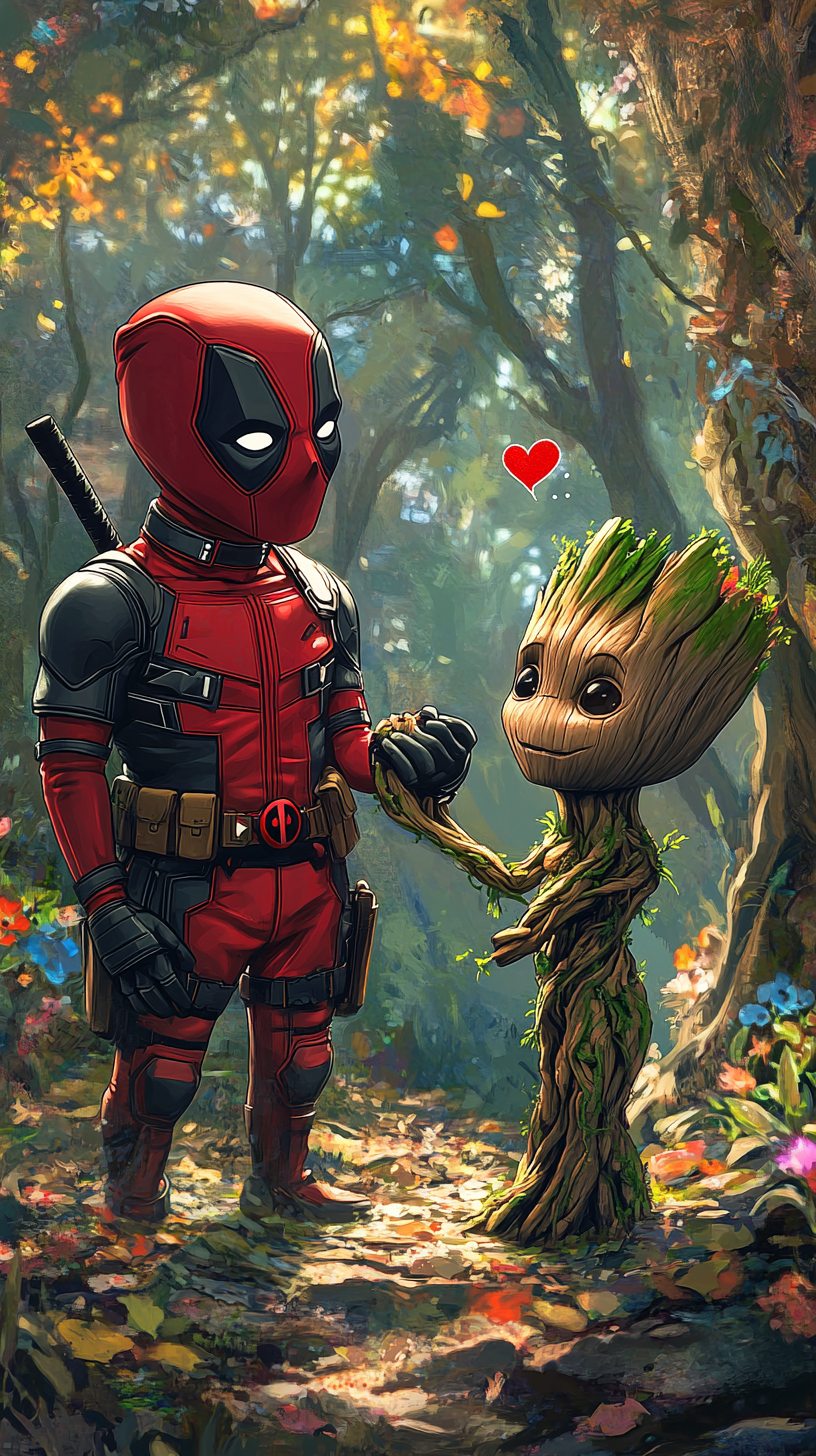 Chibi Deadpool and Groot shake hands in playful forest.