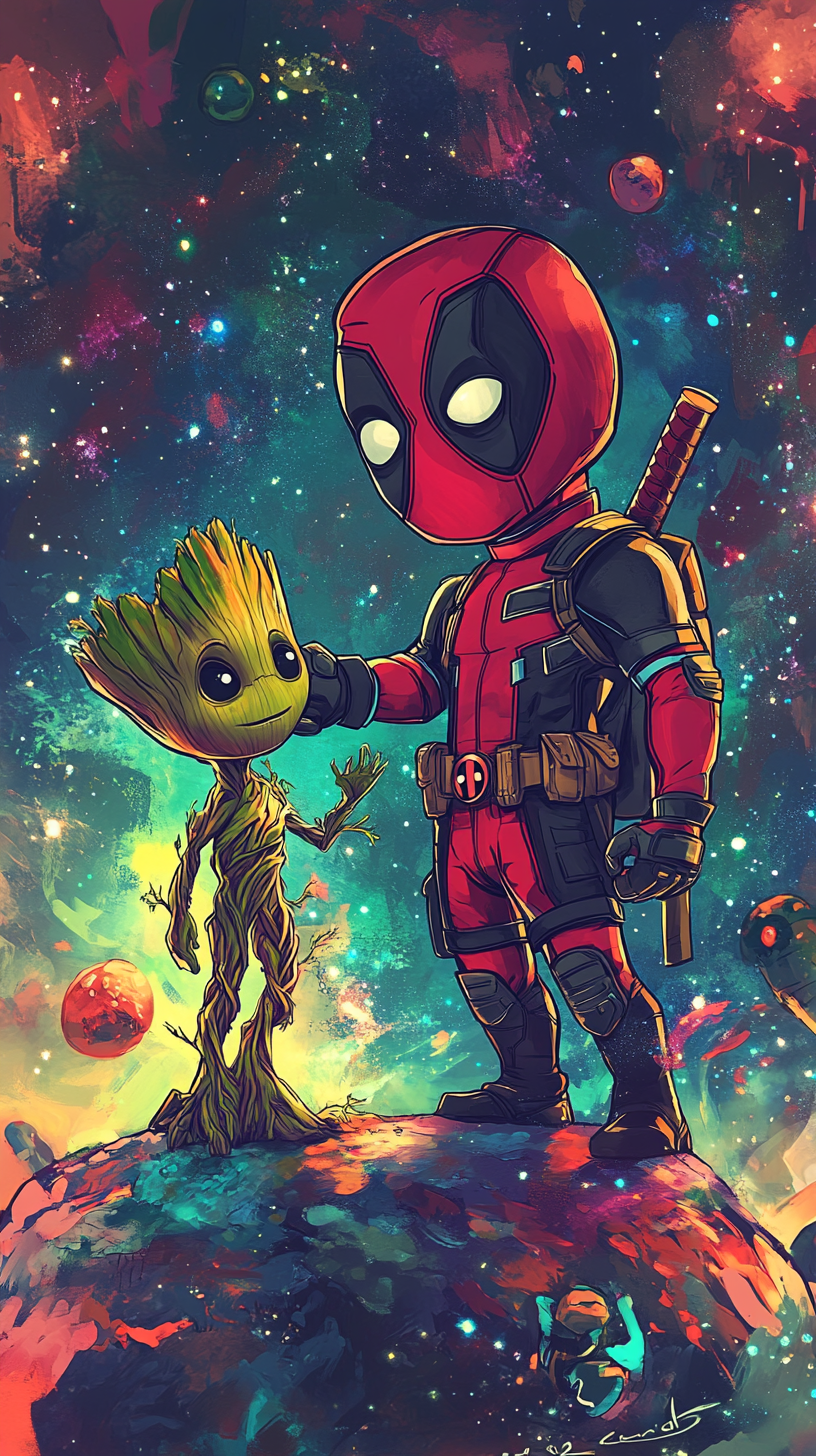 Chibi Deadpool and Groot shaking hands on colorful planet.