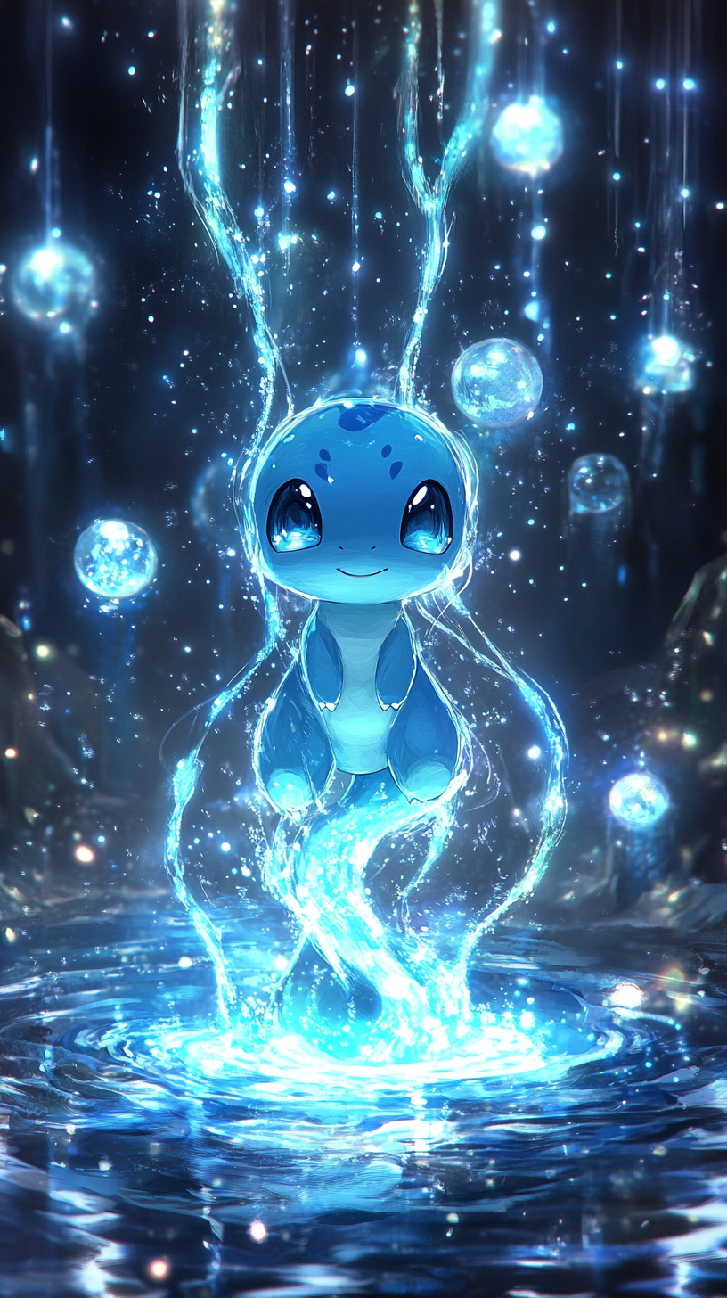 Chibi Dratini emerges from glowing water with magic orbs.