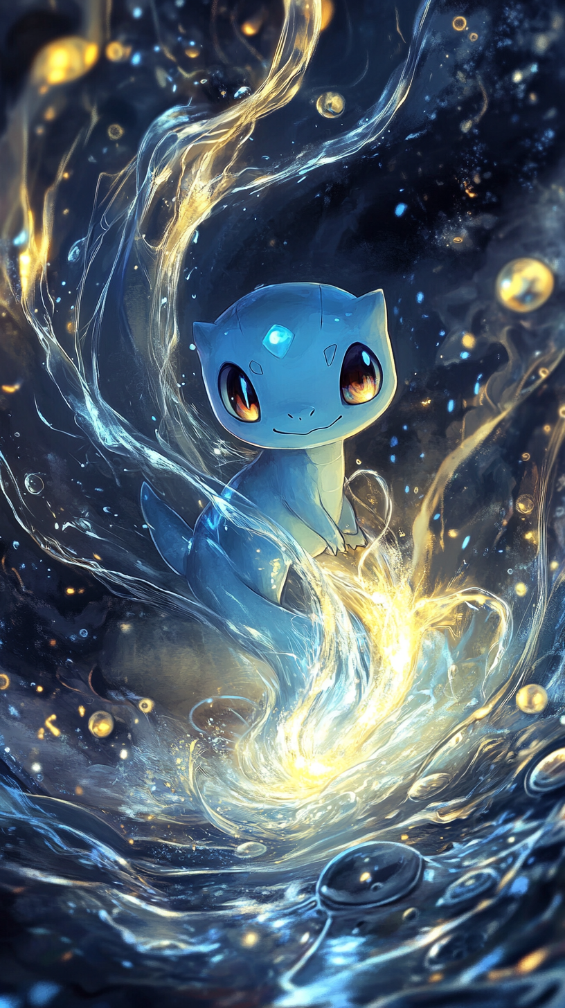 Chibi Dratini emerging from magical water vortex, enchanting aura.