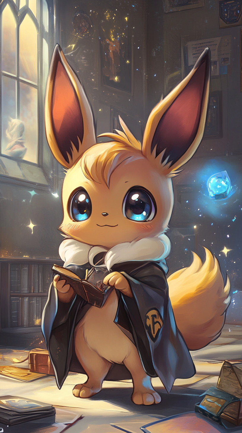 Chibi Eevee in Hogwarts robes casts spells playfully.