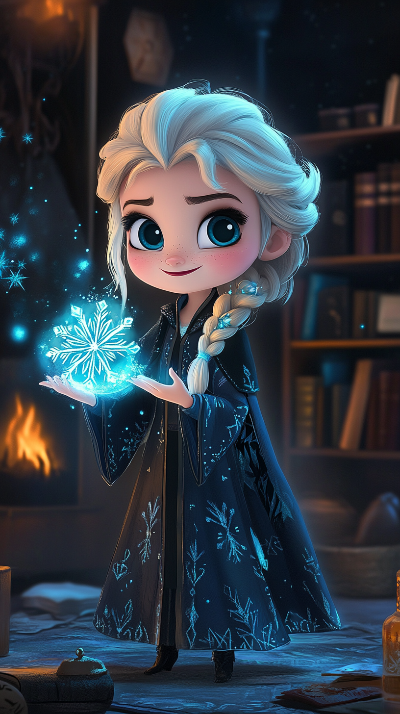 Chibi Elsa creates snowflakes and ice sculptures in Hufflepuff.