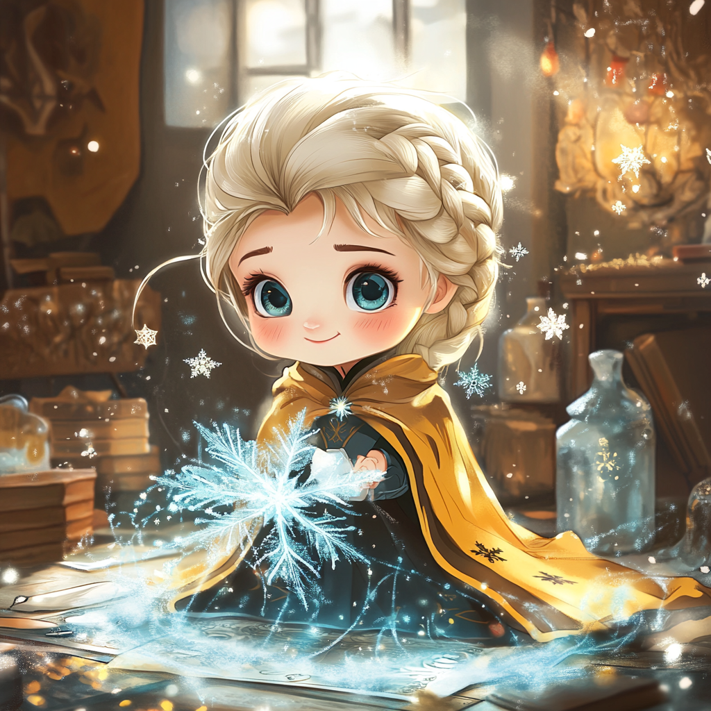 Chibi Elsa in Hufflepuff robe creates magical ice.