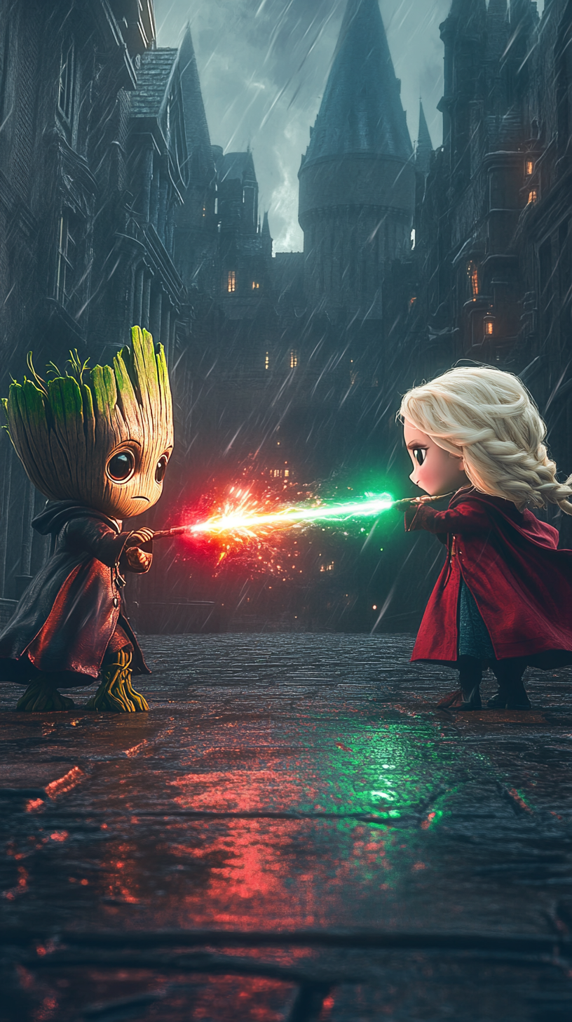 Chibi Groot and Elsa casting spells at Hogwarts Castle.