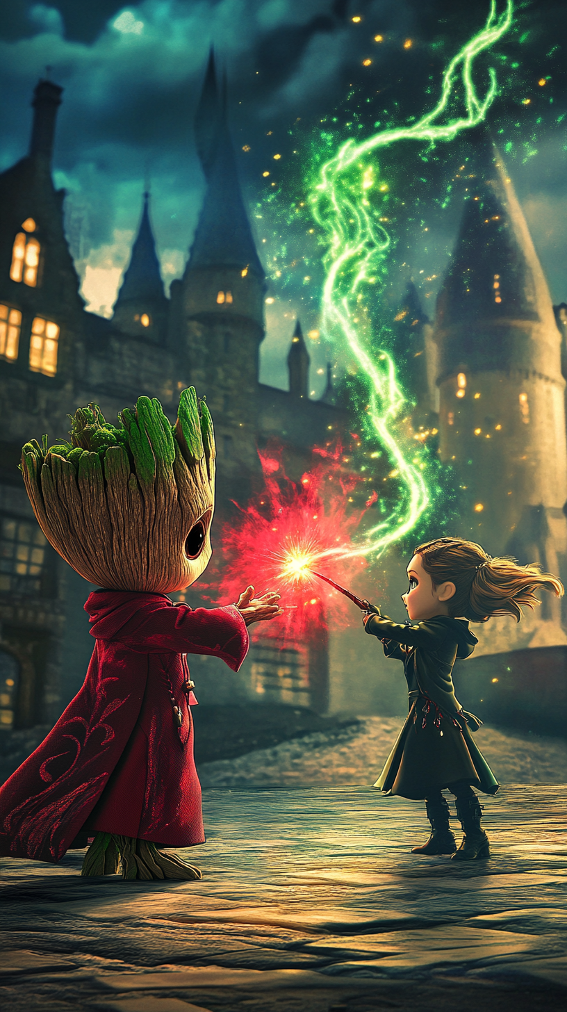 Chibi Groot attacks Elsa with red spell, colorful clash.