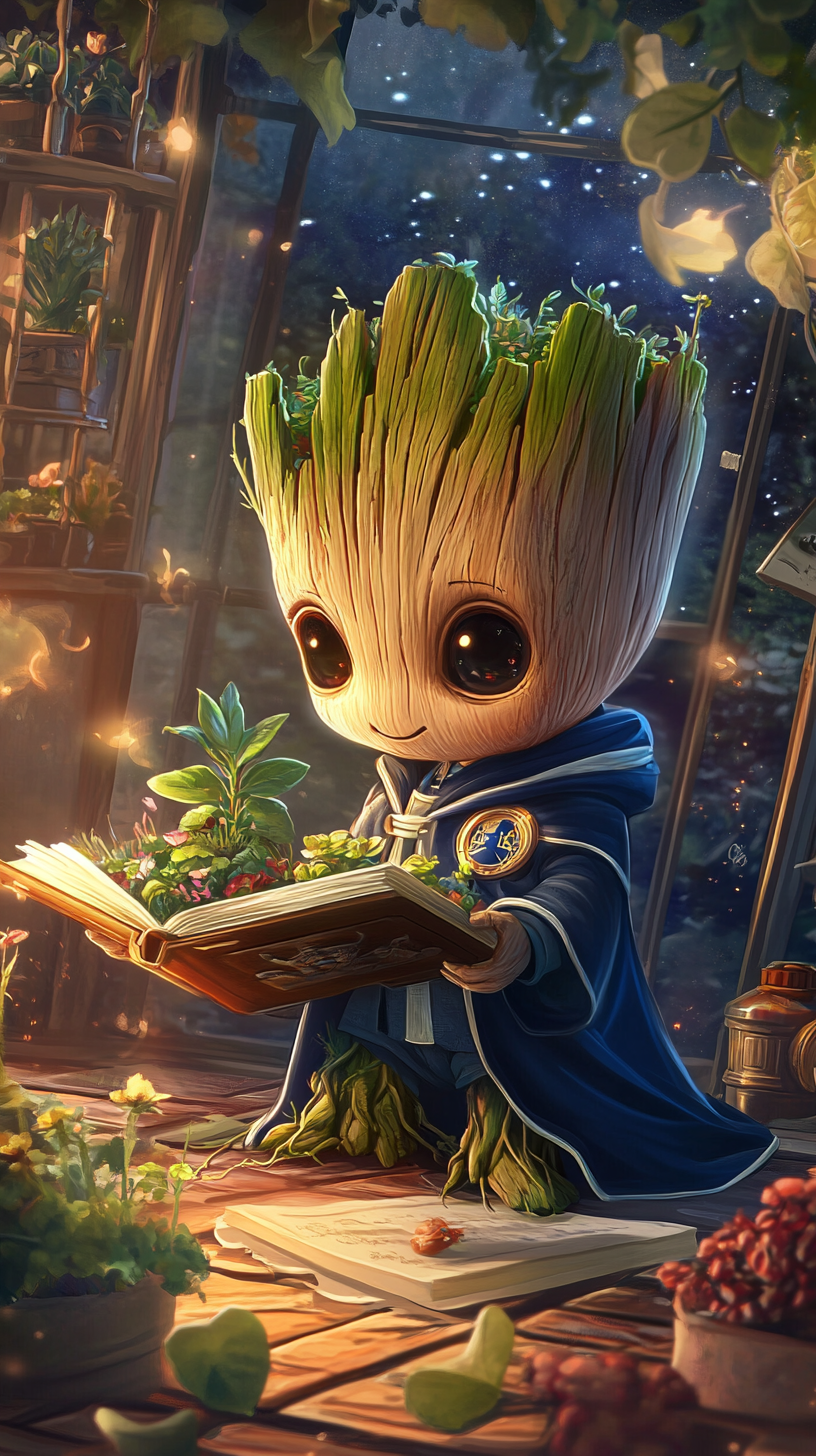 Chibi Groot dressed as Ravenclaw studying magical plants.