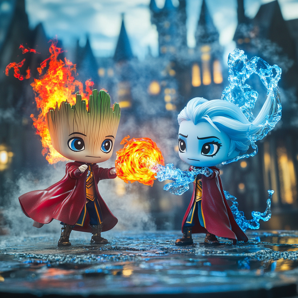 Chibi Groot in Gryffindor vs Elsa in Serpentard.