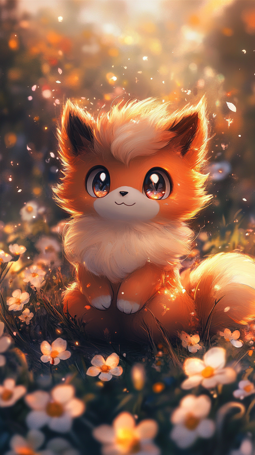 Chibi Growlithe in flower field, cute fluffy fur, playful.