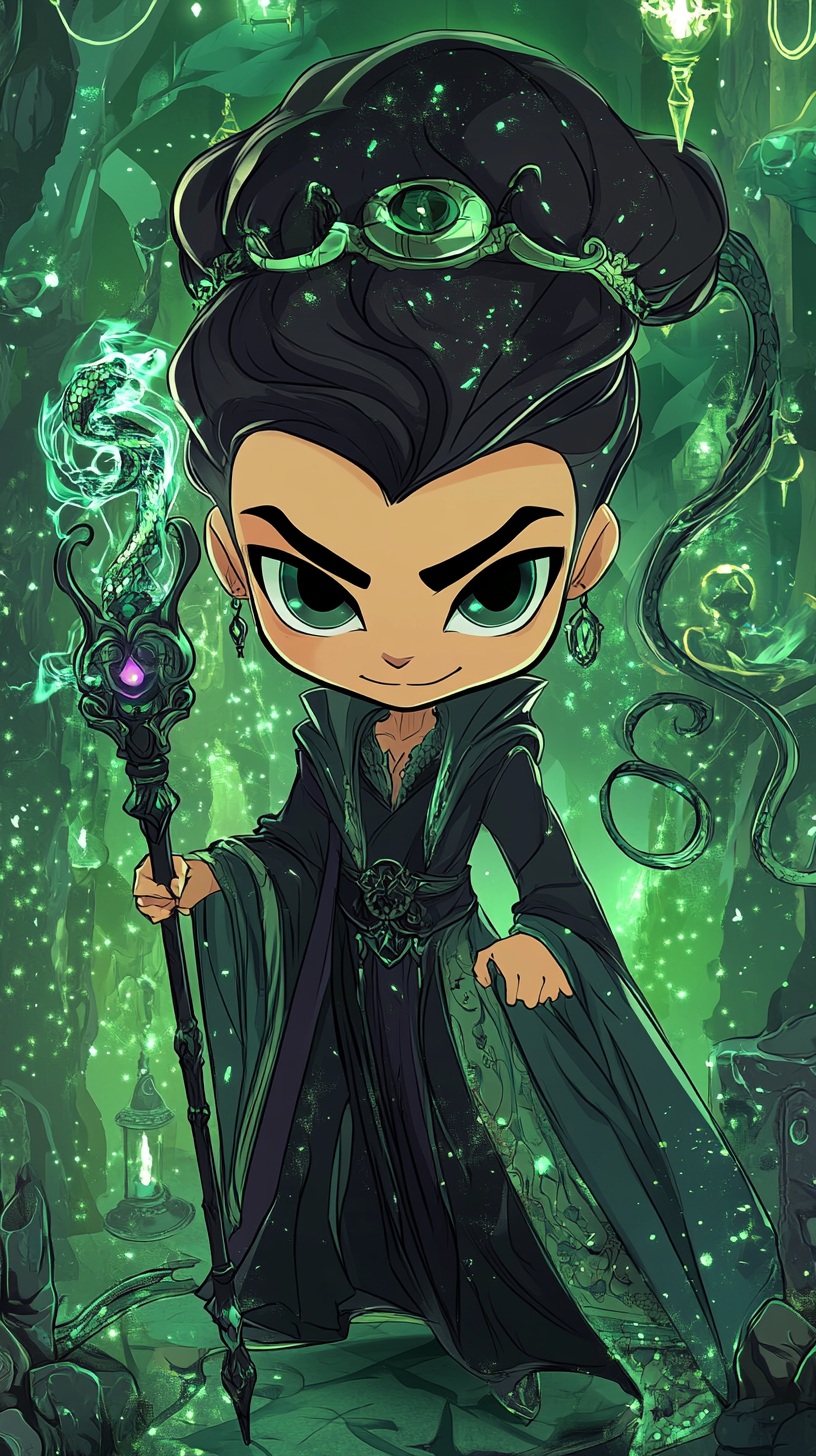 Chibi Jafar in Serpentard robes with iconic staff.