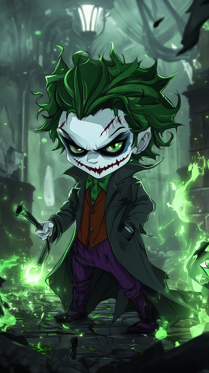 Chibi Joker in Serpentard robes wields wand in dungeon.