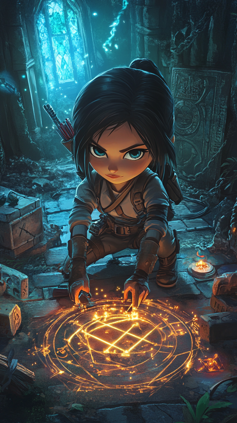 Chibi Lara Croft exploring magical ruins at Hogwarts.