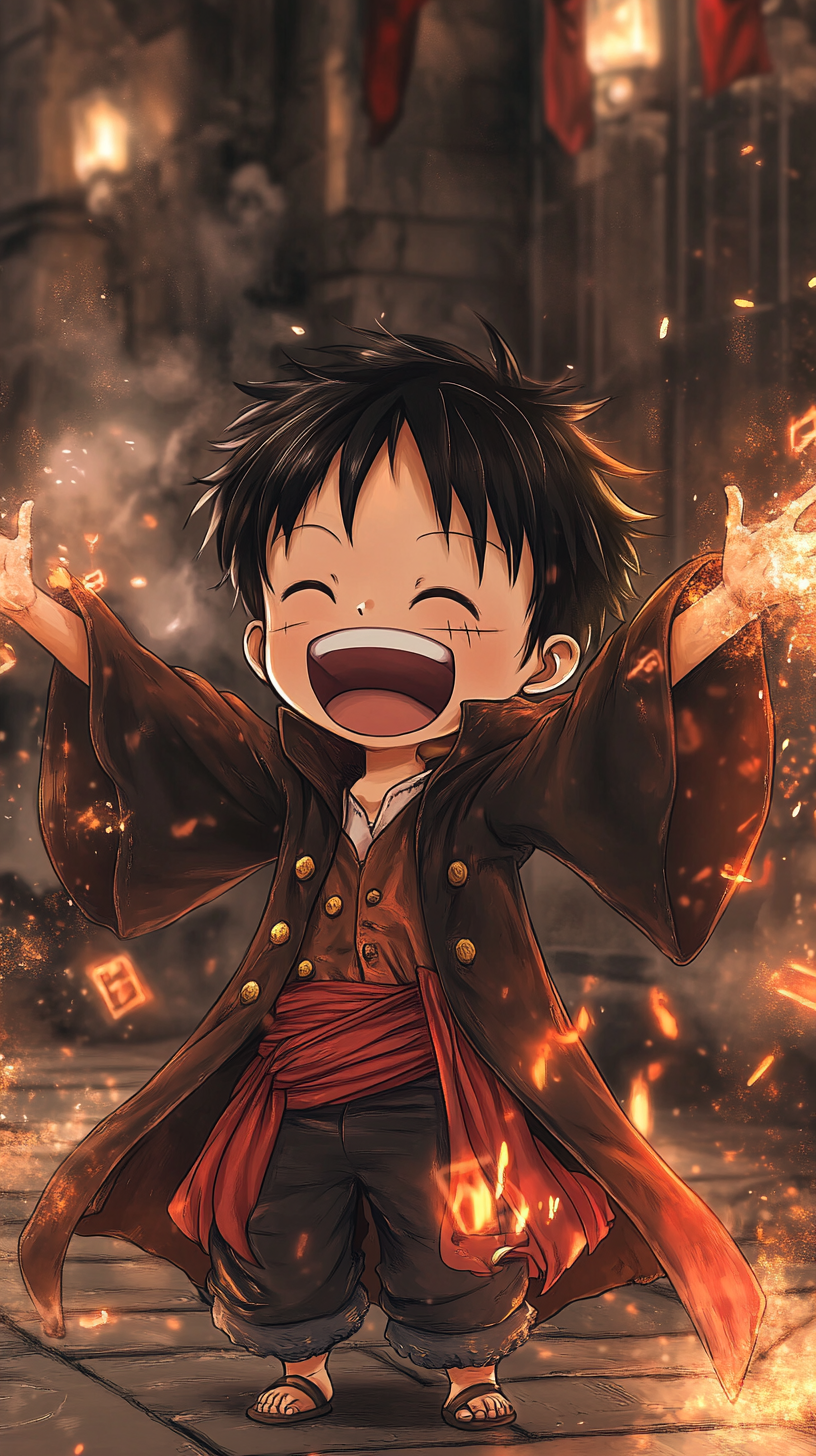 Chibi Luffy from One Piece wears Gryffindor robes joyfully performing spells in Hogwarts.