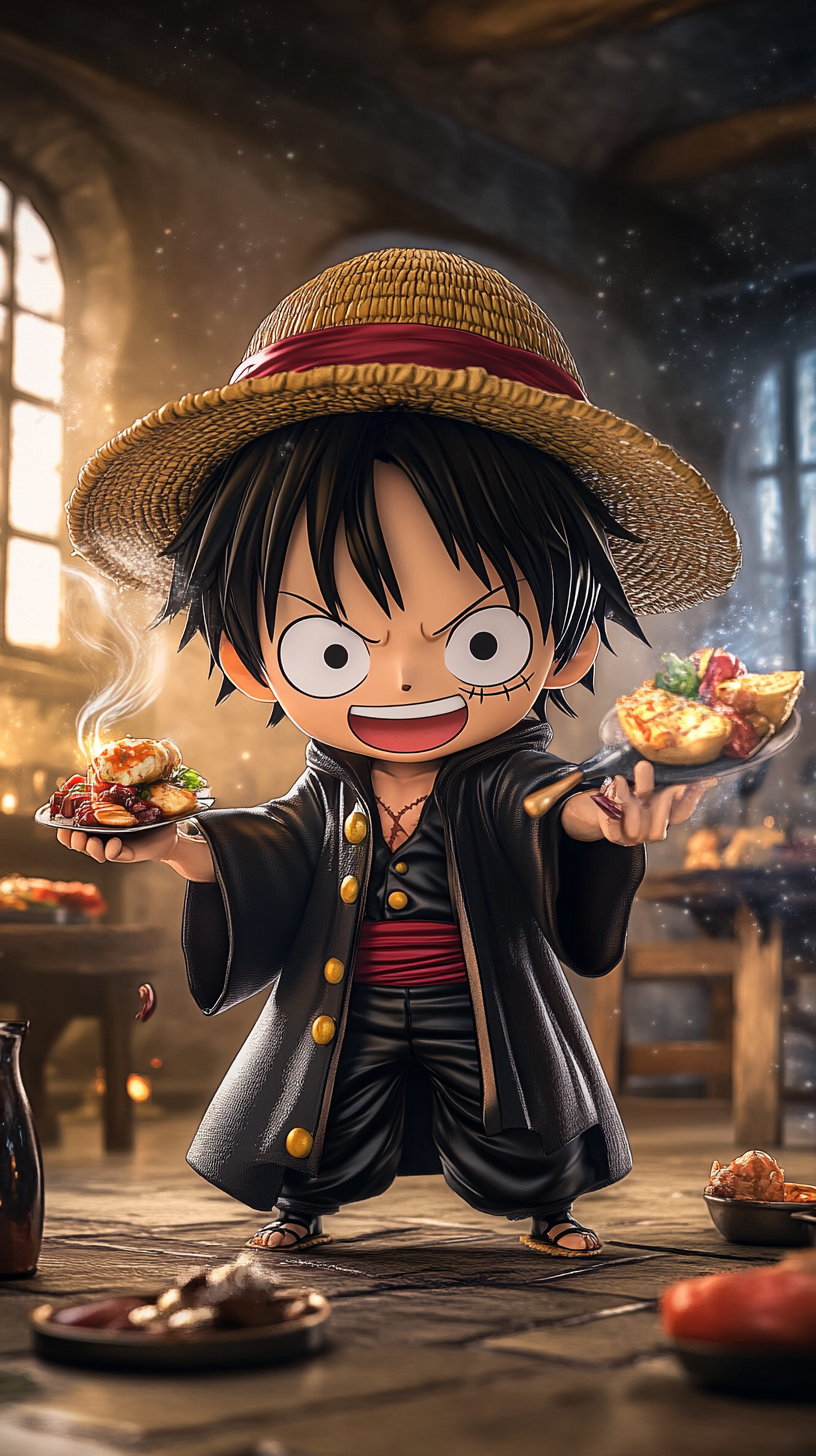 Chibi Luffy in Hogwarts robes multiplies food magically.