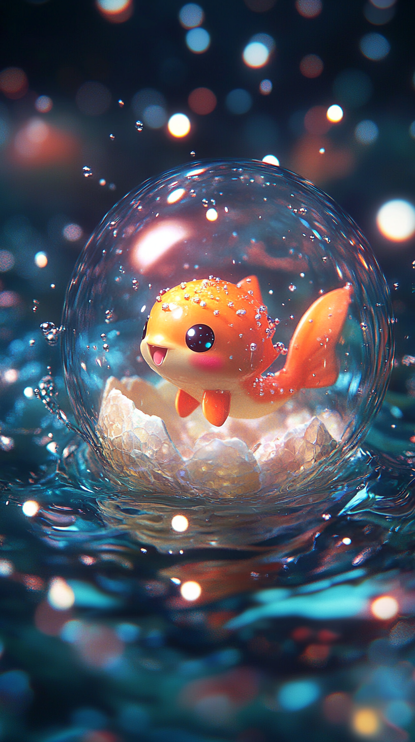 Chibi Magikarp hatching from egg in mystical aura.