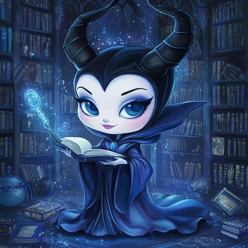 Chibi Maleficent in Ravenclaw robes, studying magical texts.