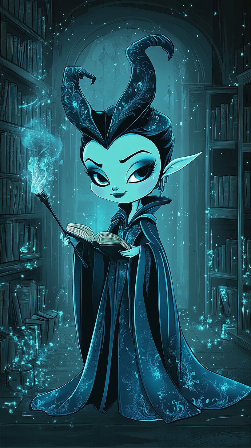 Chibi Maleficent in Ravenclaw robes studying magic books.