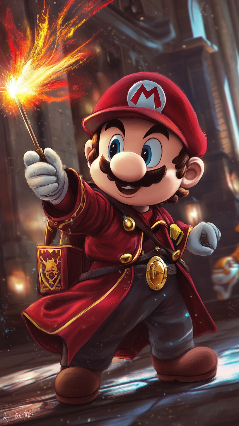 Chibi Mario in Gryffindor robes casting colorful magic.