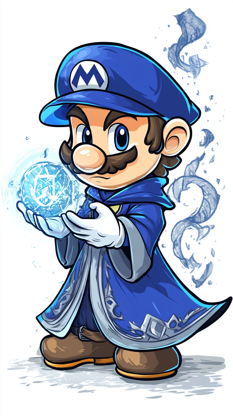 Chibi Mario in Ravenclaw robes, solving magical puzzles.