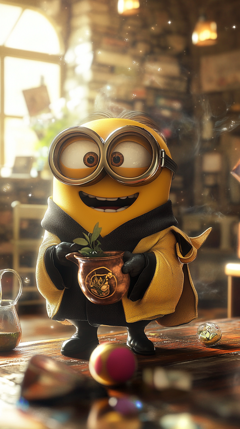 Chibi Minion in Hufflepuff robe works on magical project.