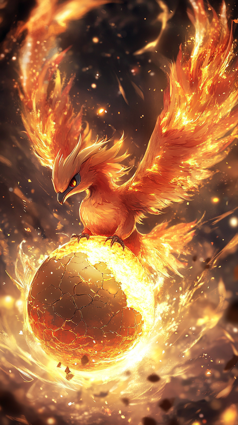 Chibi Moltres hatching from glowing, fiery egg. Mythical aura.