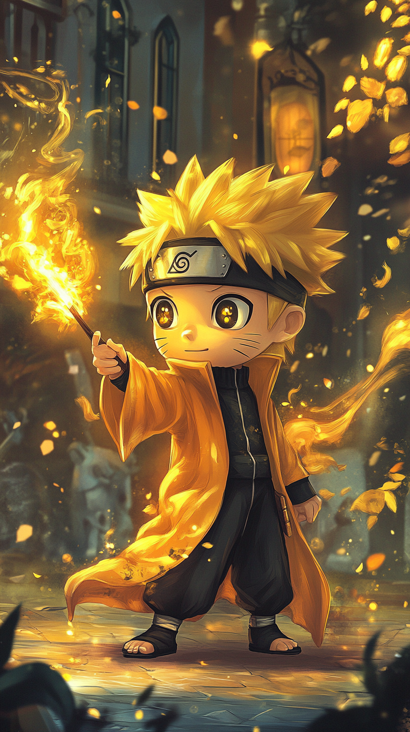 Chibi Naruto in Hufflepuff robes casting spell seriously.