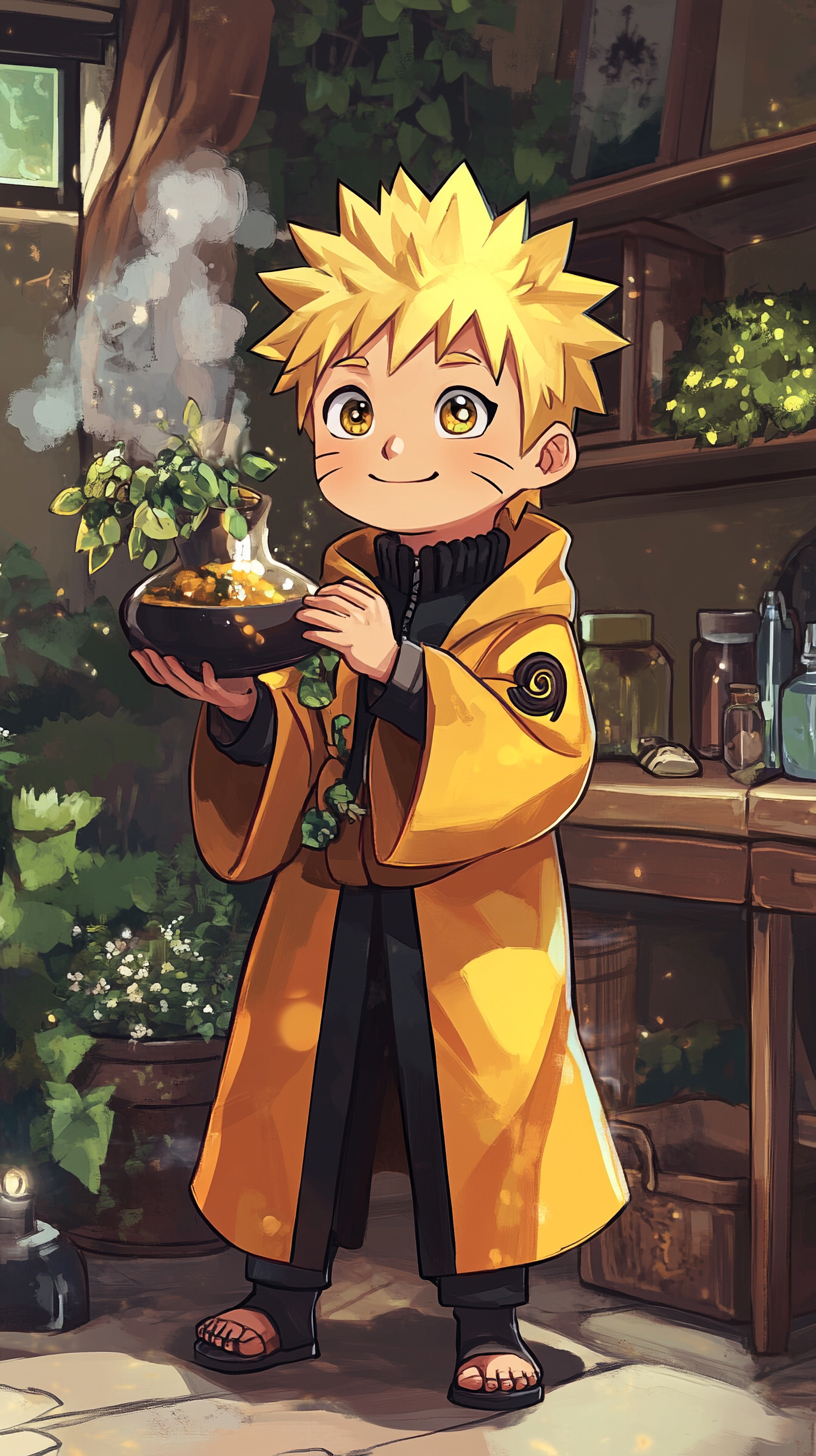 Chibi Naruto in Hufflepuff robes gardening or helping.