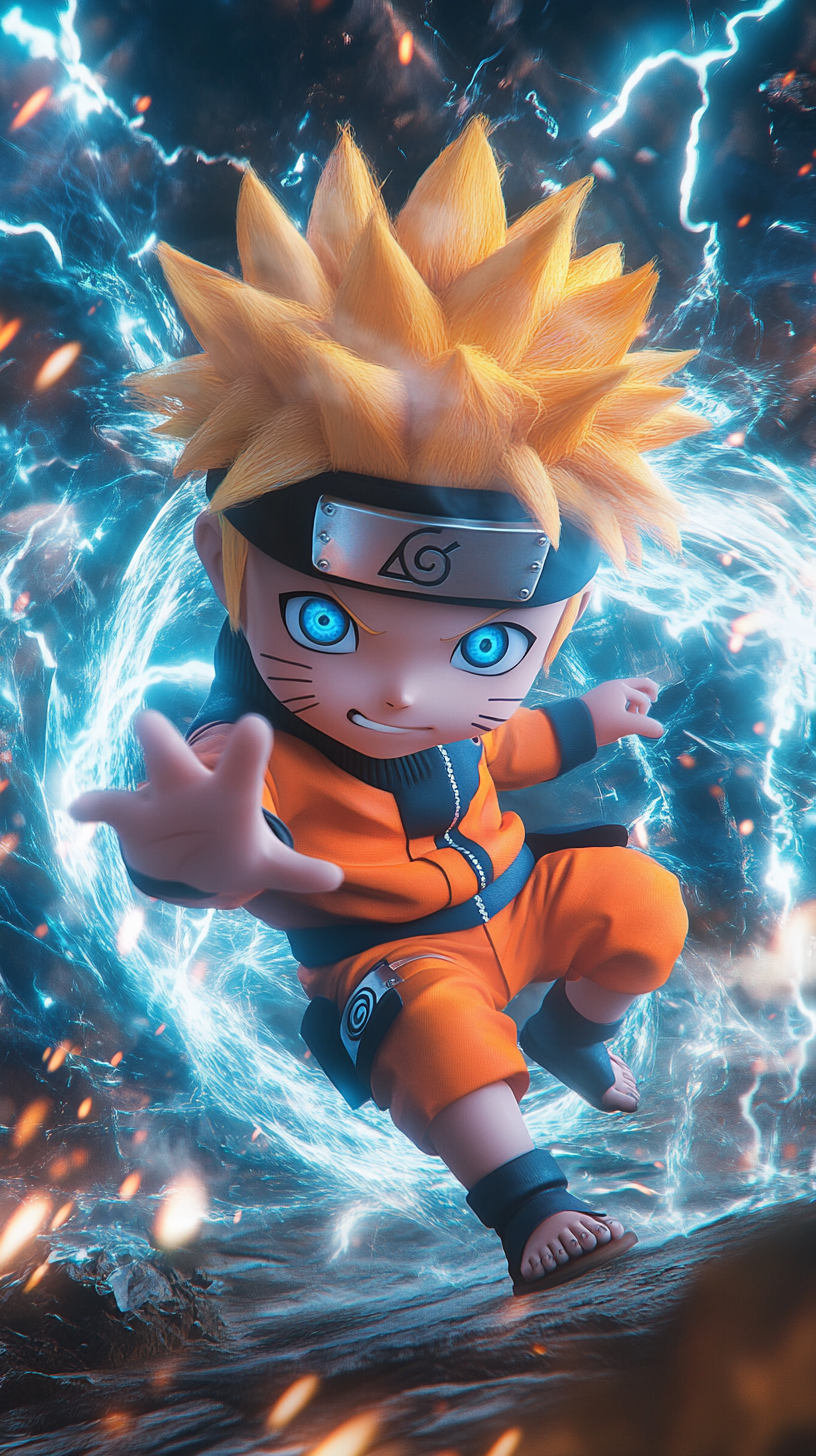 Chibi Naruto in intense battle with swirling chakra energy.