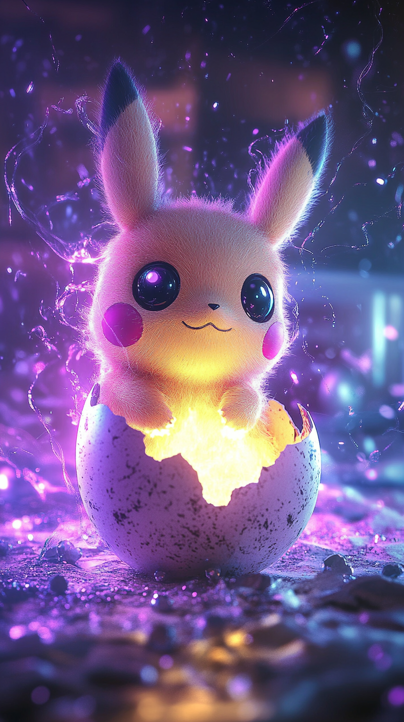 Chibi Pichu hatching from egg with magical aura.