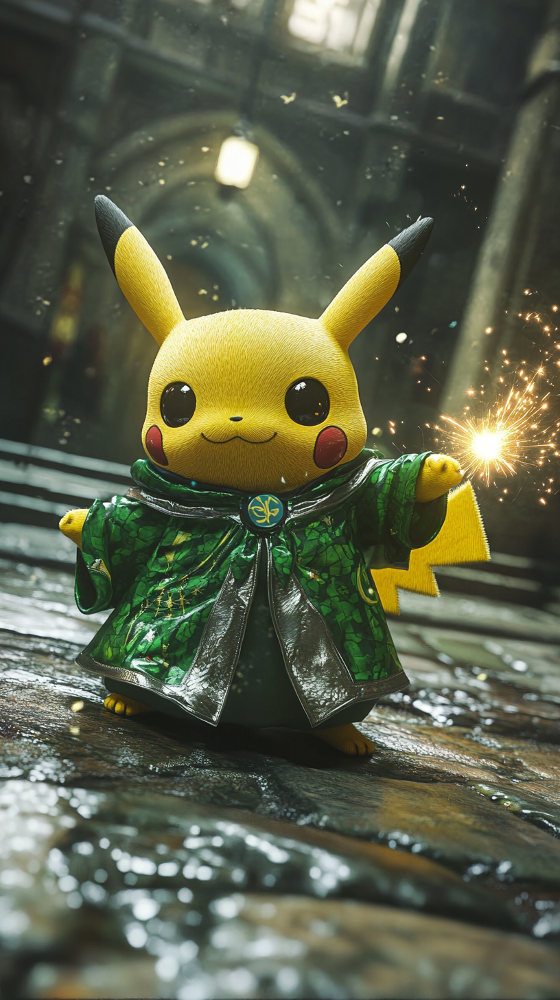 Chibi Pikachu in Slytherin robes at Hogwarts castle.