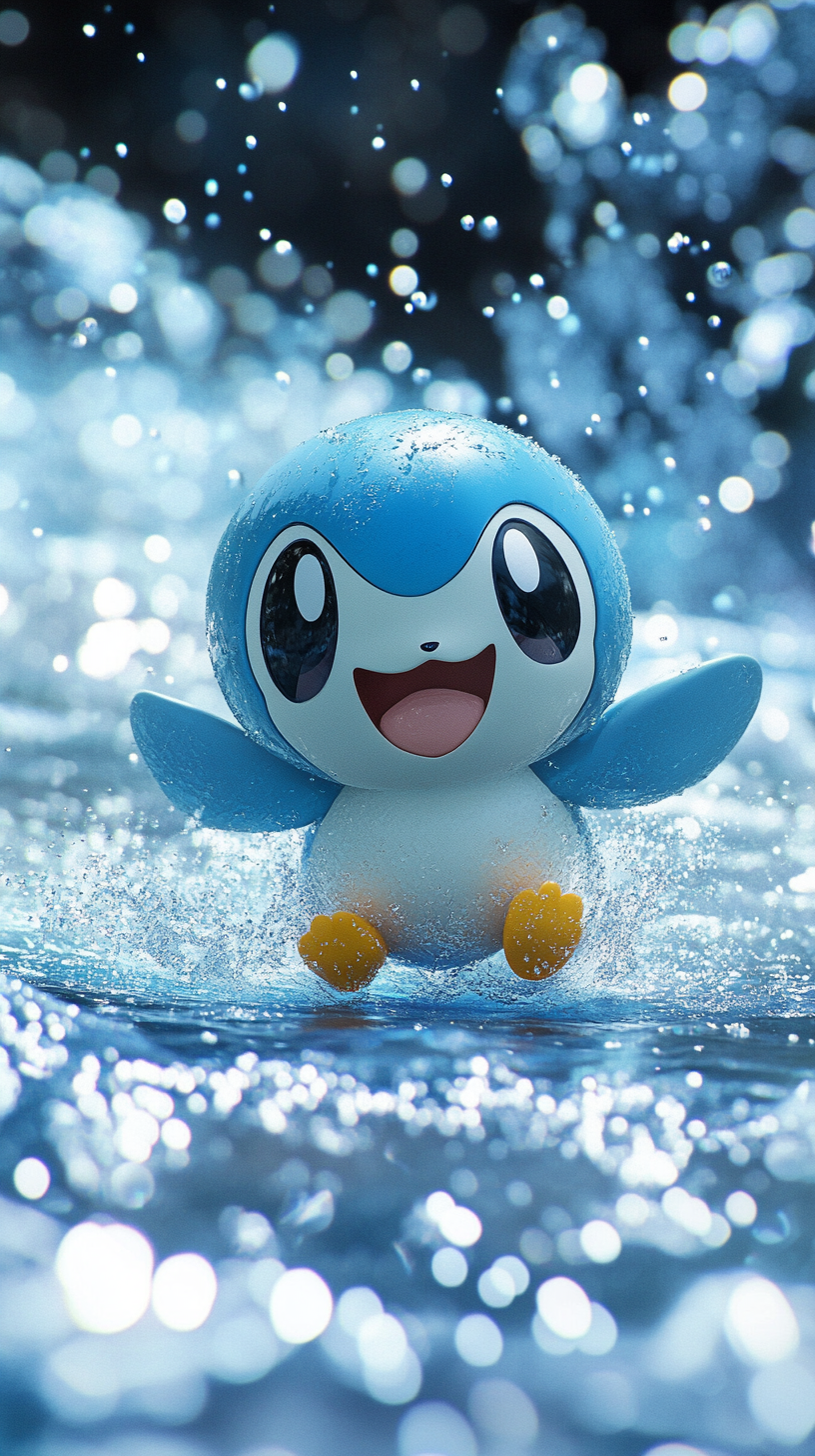 Chibi Piplup Pokémon sliding on shimmering ice joyfully.