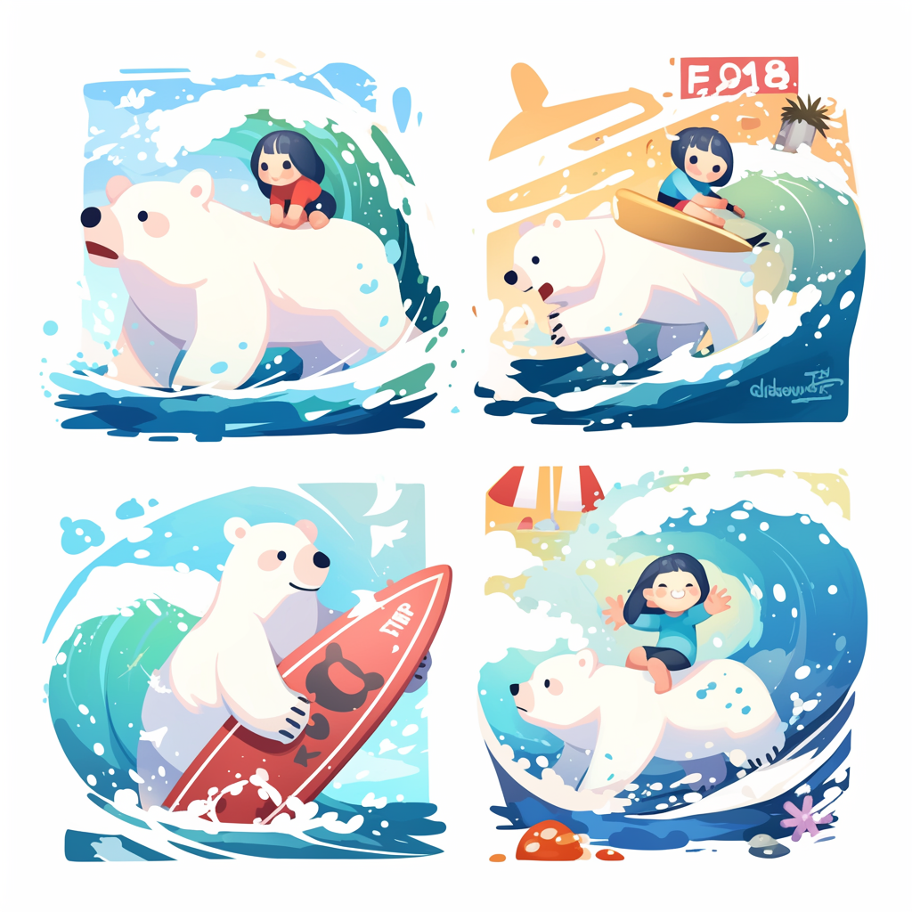 Chibi Polar Bear Surfer Comic Style Stamp 