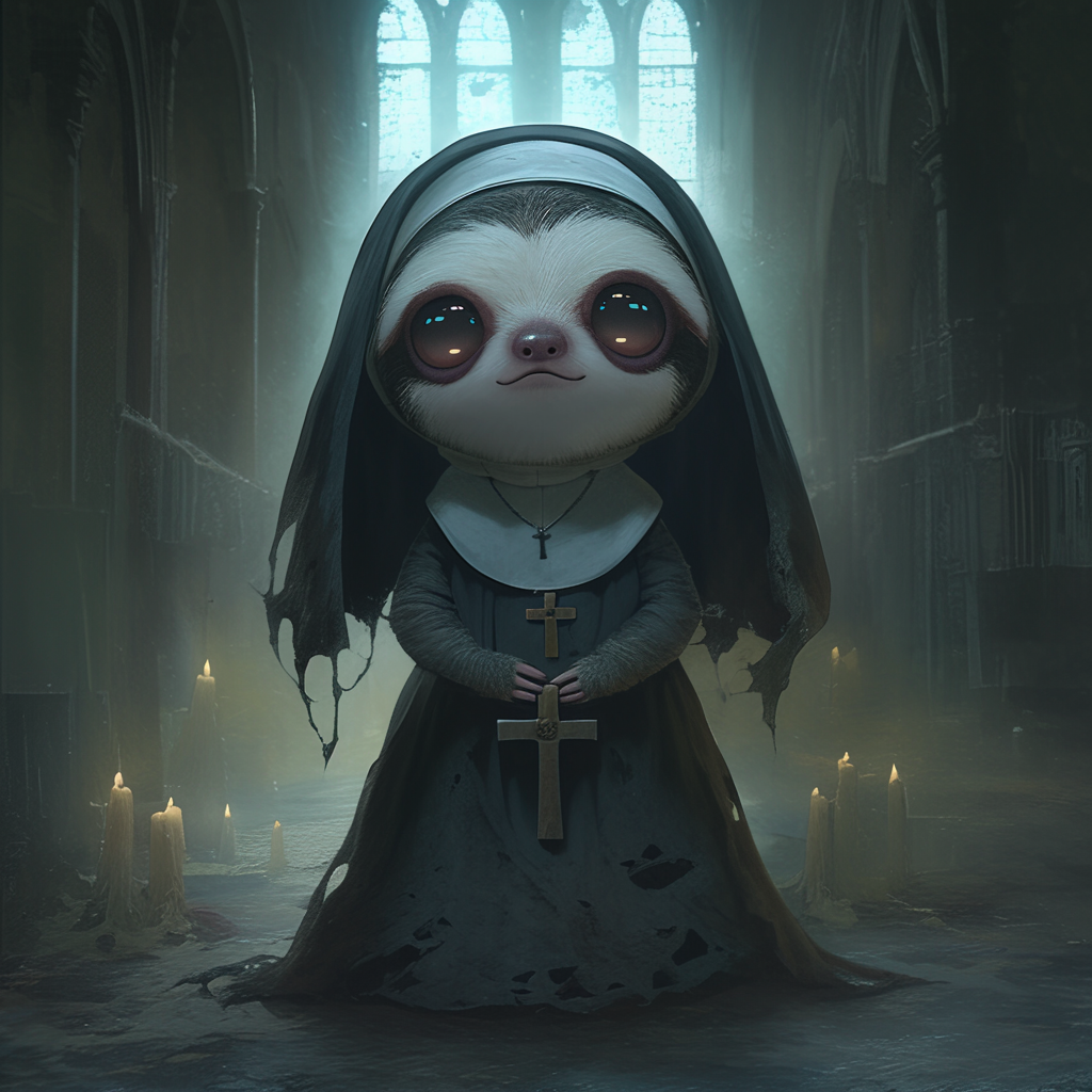 Chibi Sloth as Terrifying Nun in Haunted Church