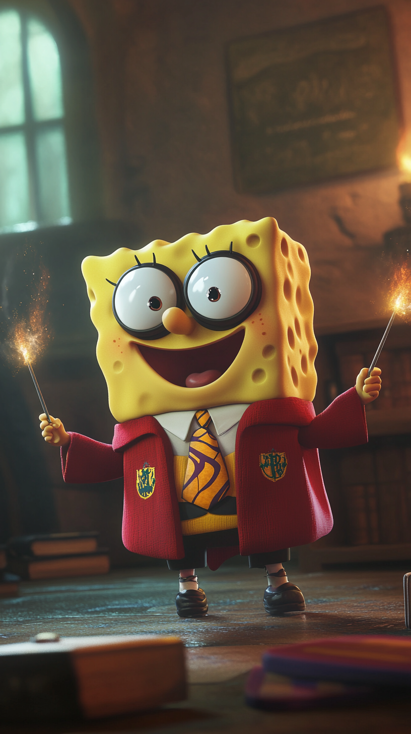 Chibi SpongeBob wears Gryffindor robes, duels magically.