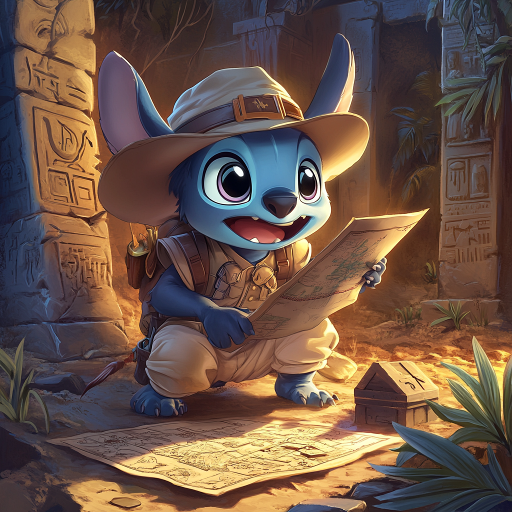 Chibi Stitch in archaeologist outfit examines ancient artifact.