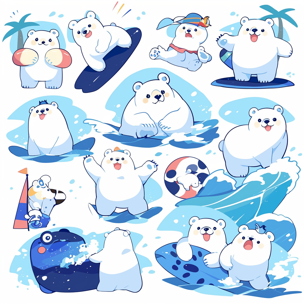 Chibi Surfing Polar Bear in Comic Style Poses