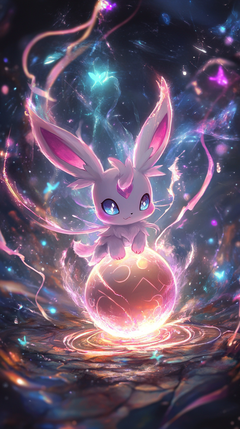 Chibi Sylveon hatches from egg with magical ribbons.