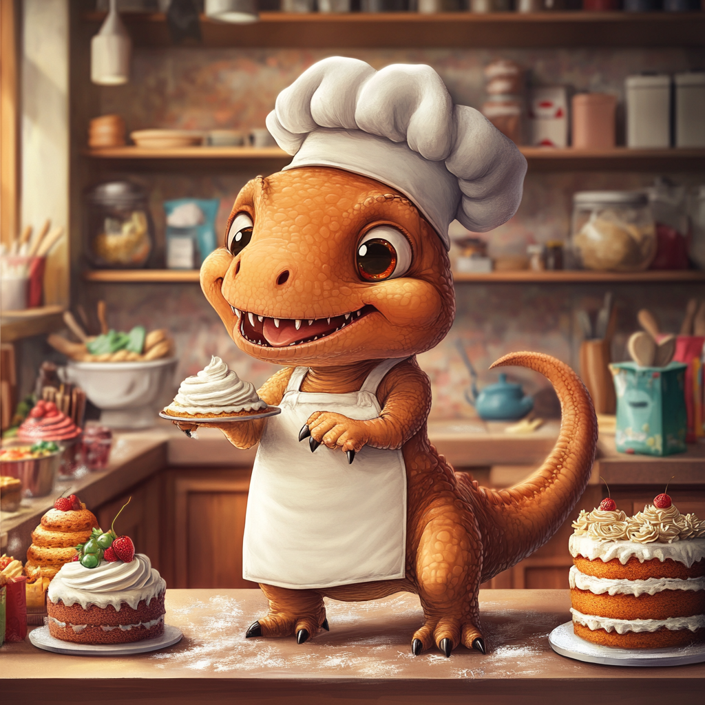 Chibi T. rex chef decorates cake in bakery.