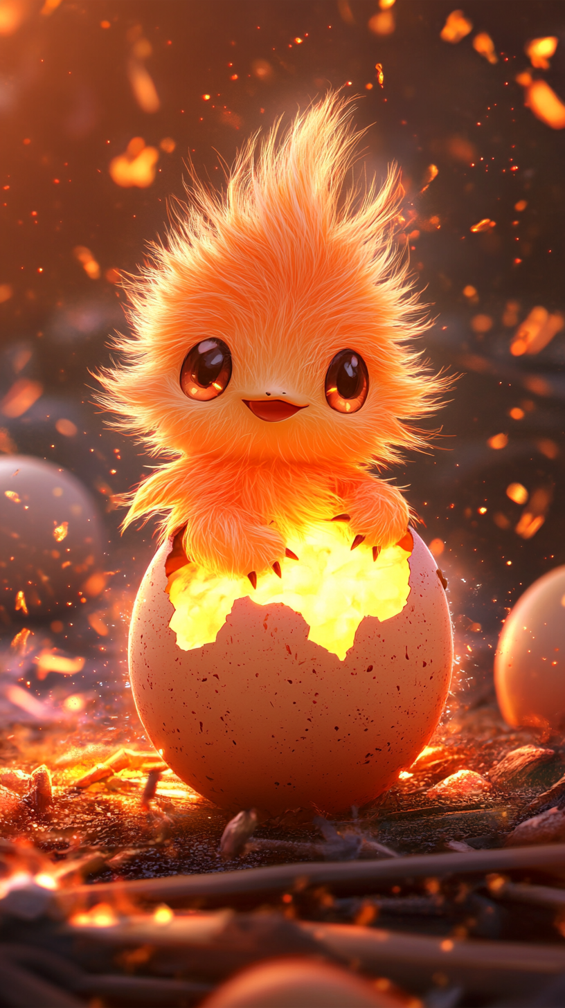 Chibi Torchic hatching from egg in fiery landscape scene.