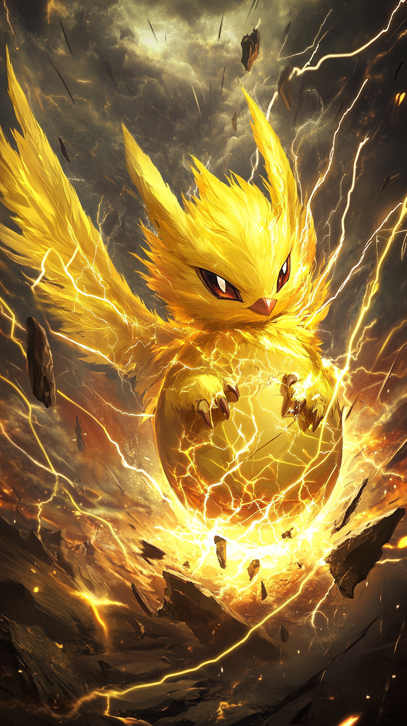 Chibi Zapdos with golden feathers emerging from egg storm.